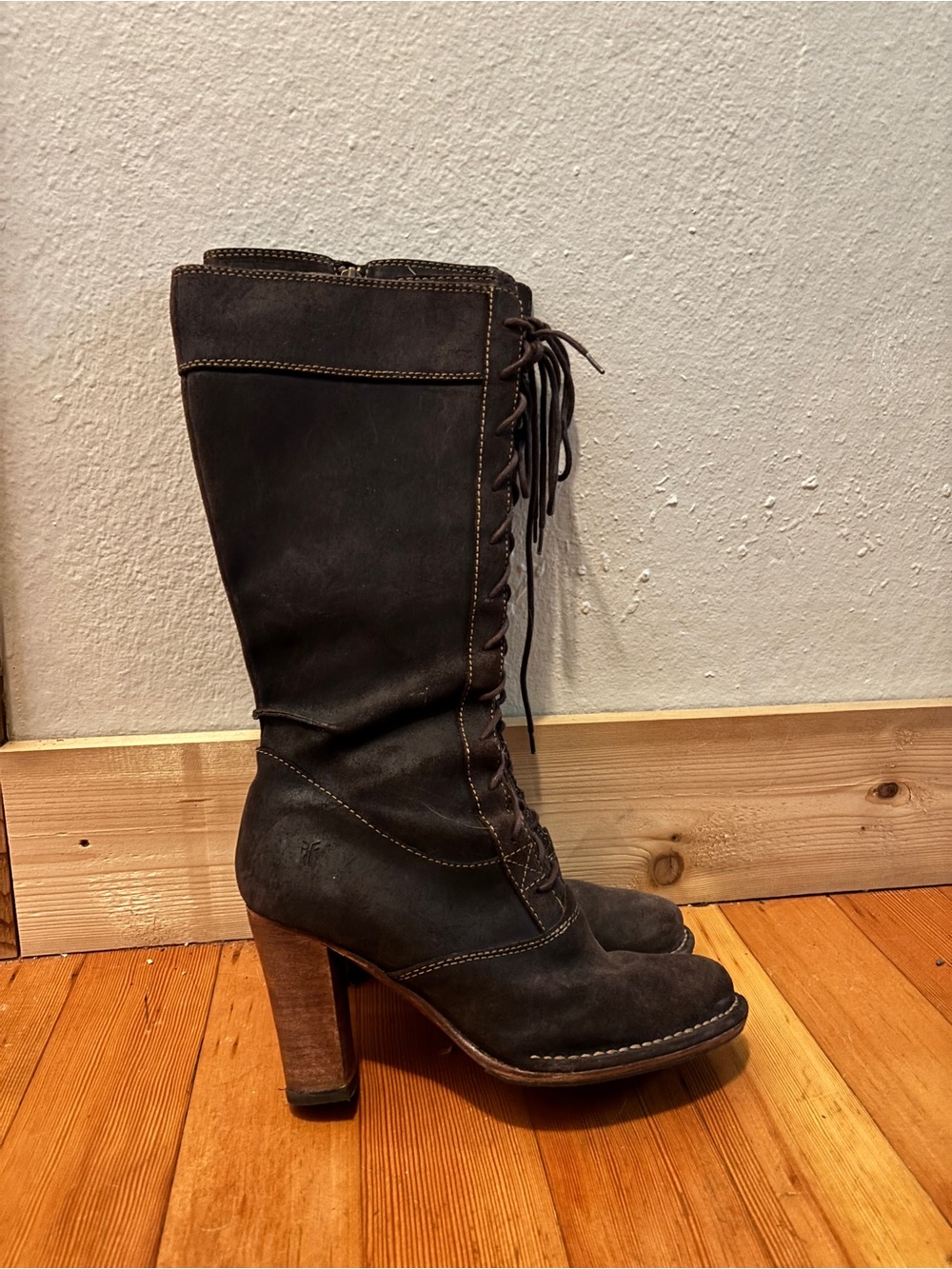 FRYE Villager Dark Brown Lace-Up High Heel Knee Boots FRESHLY RESOLED